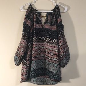 Black, green, pink patterned blouse